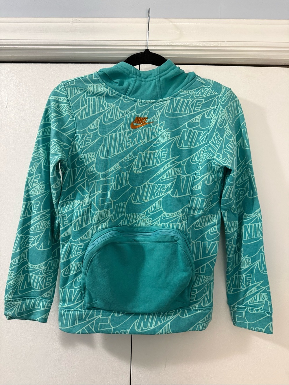 Nike Kids Allover Logo Hoodie with Zipper Front Pocket, Teal
